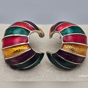 Vintage Rainbow Enamel Crescent Hoop Stud Earrings 90s Gold-Tone Multi-Color